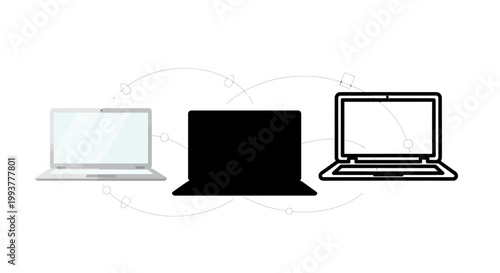 Three laptop icon variations showing outline silhouette and detailed drawing.