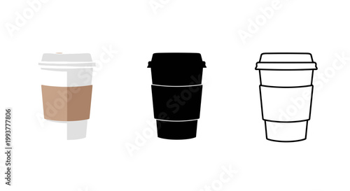 Three takeaway coffee cup icons in different styles and silhouettes.