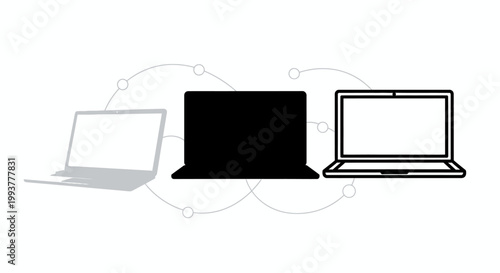 Three connected laptop icons illustrating cloud synchronization and data sharing concept.