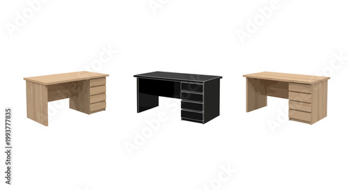 Three office desks with drawers in different wood finishes.