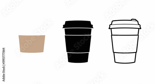 Three stylized takeaway coffee cup icons in a row.