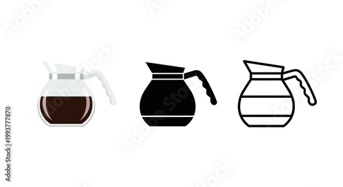 Set of three coffee carafe icons in different styles.