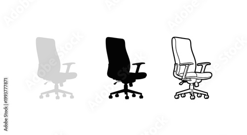 Set of three office chair silhouette and outline icons.