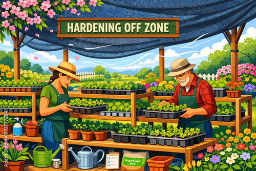 Workers preparing plants in a hardening off zone at a garden center during daylight hours