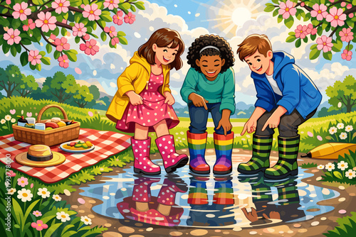 Children play by a puddle in a park during a sunny day with a picnic set up nearby