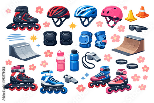 Skating gear and accessories arranged for a roller skating event with protective equipment and ramps ready for use