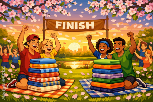 Excitement at the finish line as children celebrate their win in a fun stacking game during a sunny afternoon in the park