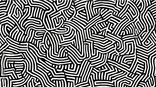 Abstract black line art creating a complex seamless labyrinth pattern on a white background. Black line art seamless pattern for design