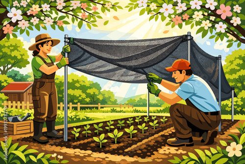 Garden workers set up shade netting for young plants in a sunny farm field during springtime