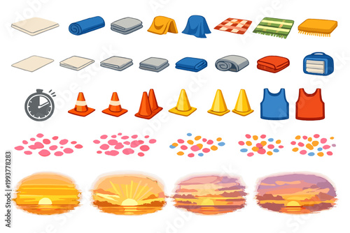 Blankets, mats, cones, and sunsets arranged for a picnic or outdoor event planning