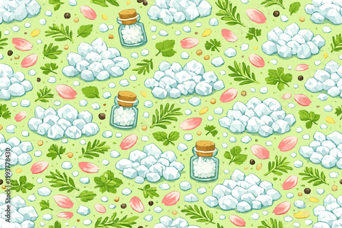 Decorative pattern with piles of salt, herbs, seeds, and jars displayed on a light green background