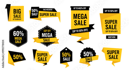 Vibrant collection of yellow and black sale tags, discount banners, and promotional labels for effective marketing campaigns and special offers