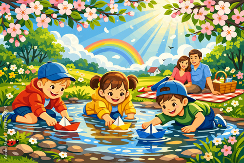 Kids play with paper boats in a sunny park under a rainbow while parents enjoy a picnic on a blanket