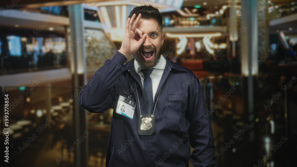 Obraz premium Man detective shows badge and id while making an ok circle with his hand over one eye in a building lobby; playful vigilance.