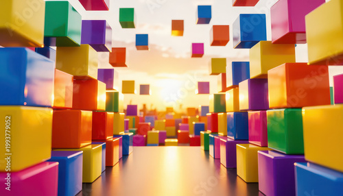 Colorful blocks create a structured scene with cubes of various colors. The sunset illuminates the blocks, enhancing the vibrant blocks with warm light.