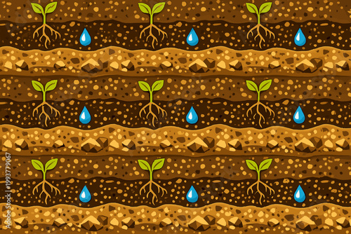 Roots and plants grow in soil with water droplets in layers at an organic farm during spring season