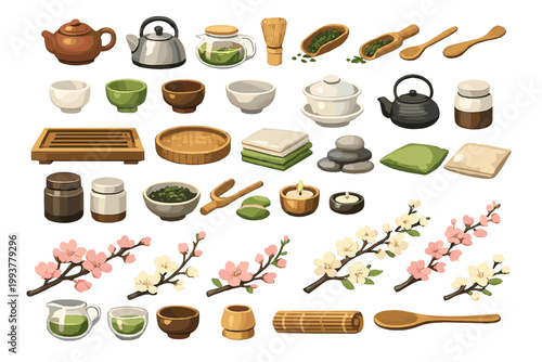 Set of tea utensils and accessories arranged for tea preparation in a traditional style with natural elements in the background