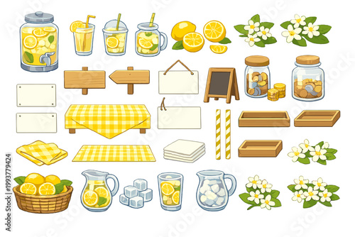 Lemonade stand setup with decorations and items on a white background for summer events and gatherings