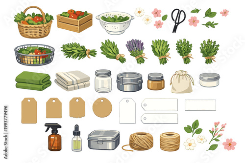 Collection of kitchen items including fresh vegetables, herbs, and storage supplies for cooking and meal preparation