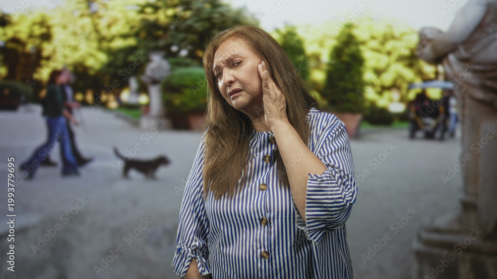 Fototapeta premium Senior woman clutching her ear, eyes closed and wincing on street with statue and trees; aging discomfort.