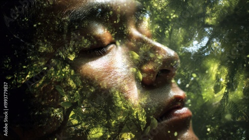 Serene Human Face Amidst Lush Greenery