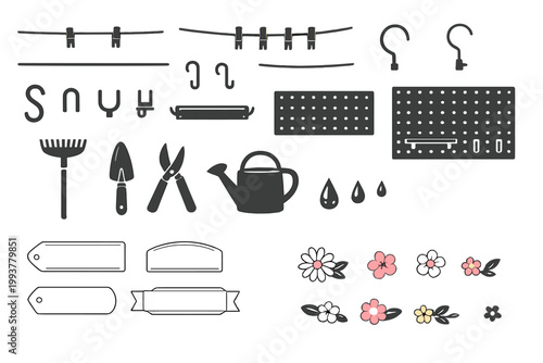 Gardening tools and accessories for outdoor planting and maintenance in a simple layout on a white background