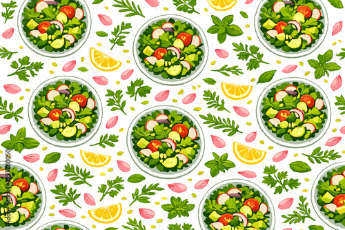 Colorful salads arranged in bowls with various vegetables and herbs placed on a white background with lemon and petals