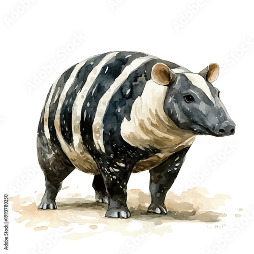 Brazilian Tapir, colorful watercolor painting with bold outlines, isolated on a white background.