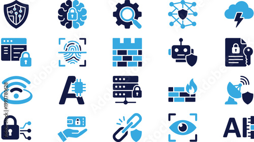 Cyber security icons depicting protection, data, AI, and network for digital technology concepts.