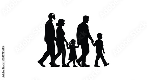 A family of five walks together depicted in a striking black silhouette showcasing unity and connection high quality professional detailed modern