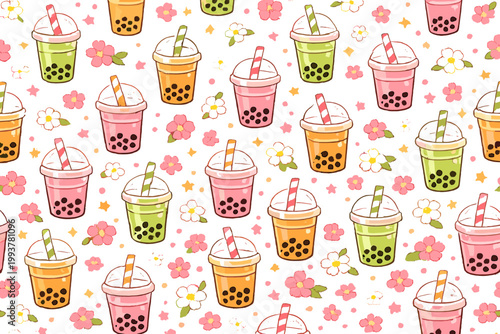 Colorful bubble tea cups with various flavors surrounded by flowers on a light background