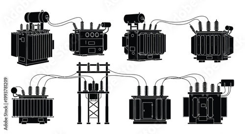 A collection of electrical transformers and power distribution equipment depicted in a stark black silhouette high quality professional detailed modern elegant