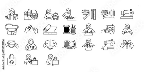 icon set collection of sustainable fashion and garment repair illustrating sewing, upcycling old clothes, using recycled bags, and craft tailoring.