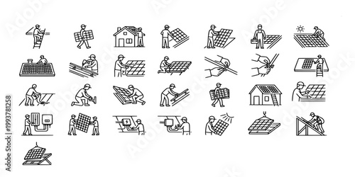 icon set collection of professional solar panel installation and maintenance on residential roofs for renewable energy and sustainable power generation.