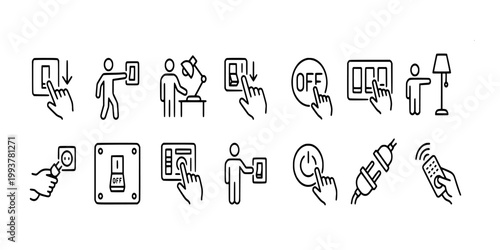 icon set collection of energy saving actions showing hands turning off light switches, unplugging devices, and using remote controls efficiently.