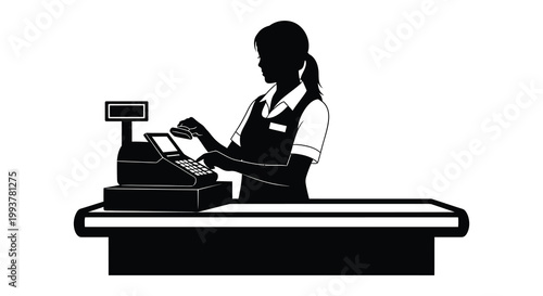 A cashier operates a register behind a counter depicted in a striking black and white silhouette high quality professional detailed modern