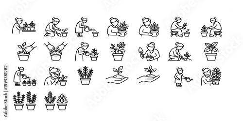 icon set collection of home gardening and plant care activities including watering, potting, and nurturing indoor and outdoor greenery plants.