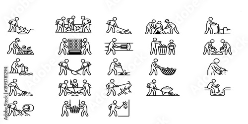 icon set collection of community maintenance and infrastructure work featuring laborers digging, cleaning drainage, and managing public utility systems together.