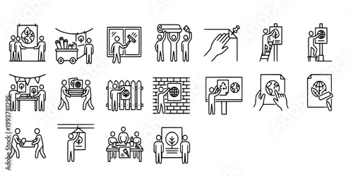 icon set collection of environmental awareness and activism featuring people promoting global ecology, recycling posters, and green community projects.