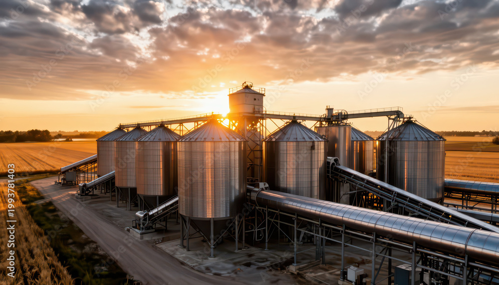 Obraz premium large silos at sunset with golden light illuminating the structures. These silos are part of an agricultural setting, emphasizing storage and farming.