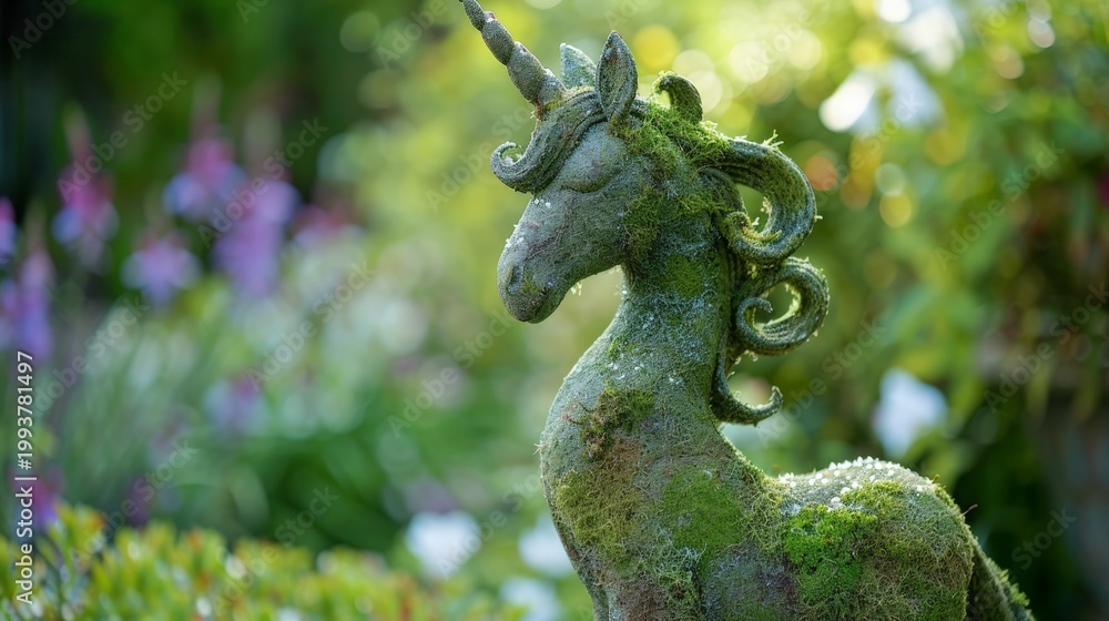 Naklejka premium Moss-covered unicorn statue stands serene in garden. Gentle sunlight highlights textured greenery. Background blooms softly out of focus. Perfect for fantasy, magical themes, or nature content