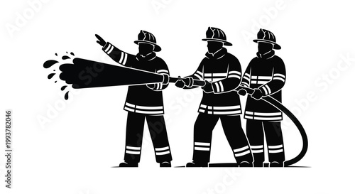 A black graphic depicts three firefighters working collaboratively to extinguish flames presented in a striking silhouette high quality professional detailed modern