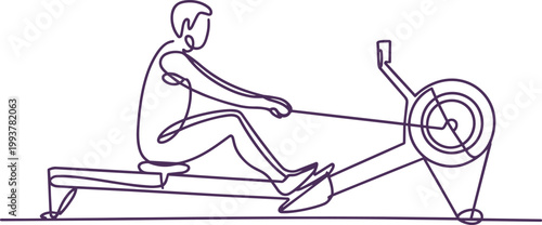 Person actively training on a rowing machine for a full-body workout, designed with continuous line art