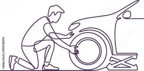 Person changing a car tire on a jack, minimalist line art illustration with line art, line art drawing