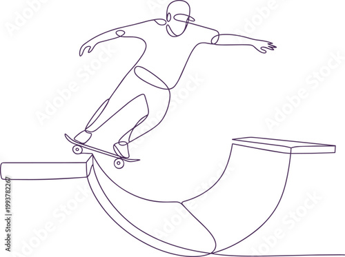 Skateboarder performing an ollie jump over a ramp with continuous minimal line art style with line