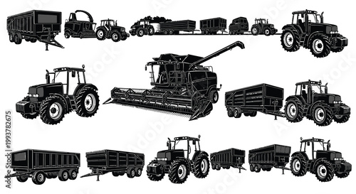A collection of detailed agricultural machinery including tractors harvesters and trailers presented in black silhouette high quality professional modern elegant stylish