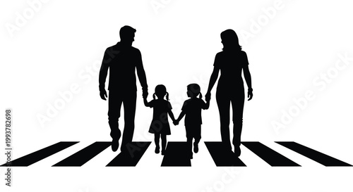 A family of four walks hand in hand across a crosswalk depicted as a striking black silhouette high quality professional detailed modern elegant