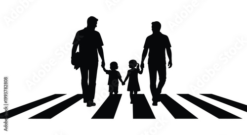 A family of four walks across a zebra crossing depicted as a striking black silhouette high quality professional detailed modern elegant