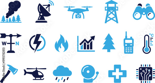 Collection of environmental and emergency response icons with communication and safety symbols.