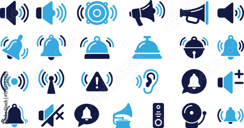 Sound and notification icons in blue and navy for alerts, alarms and audio signals.